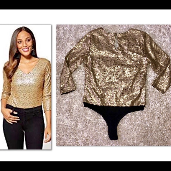 NEW YORK & COMPANY GOLD SEQUIN V NECK BODYSUIT - Picture 4 of 7